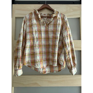 St. John’s Bay Plaid Ruffle-Neck Blouse – Size M – 100% Cotton